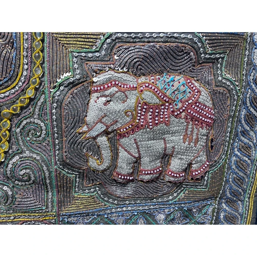 Vintage Kalaga Elephant Tapestry Hand Embroidered Sequin Bead Wall Hanging 35x54